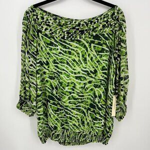 Vertigo Paris Womens Boatneck Blouse Size L Green Crackle Zebra Print Smocked